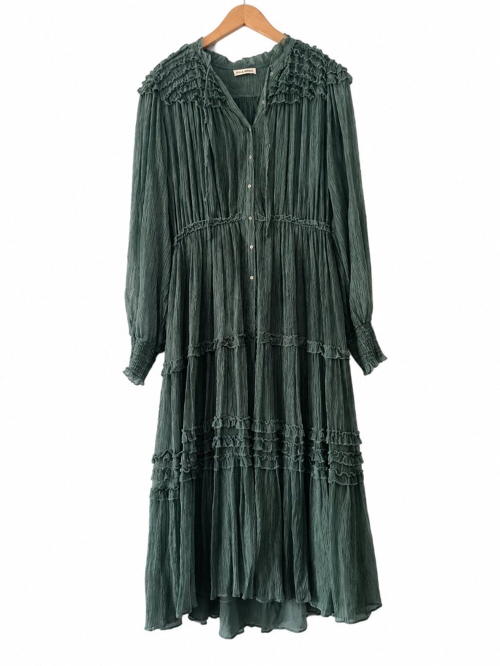 Ulla Johnson Brielle Sea Green 100% Silk Pleated Shirt Midi Dress US 10